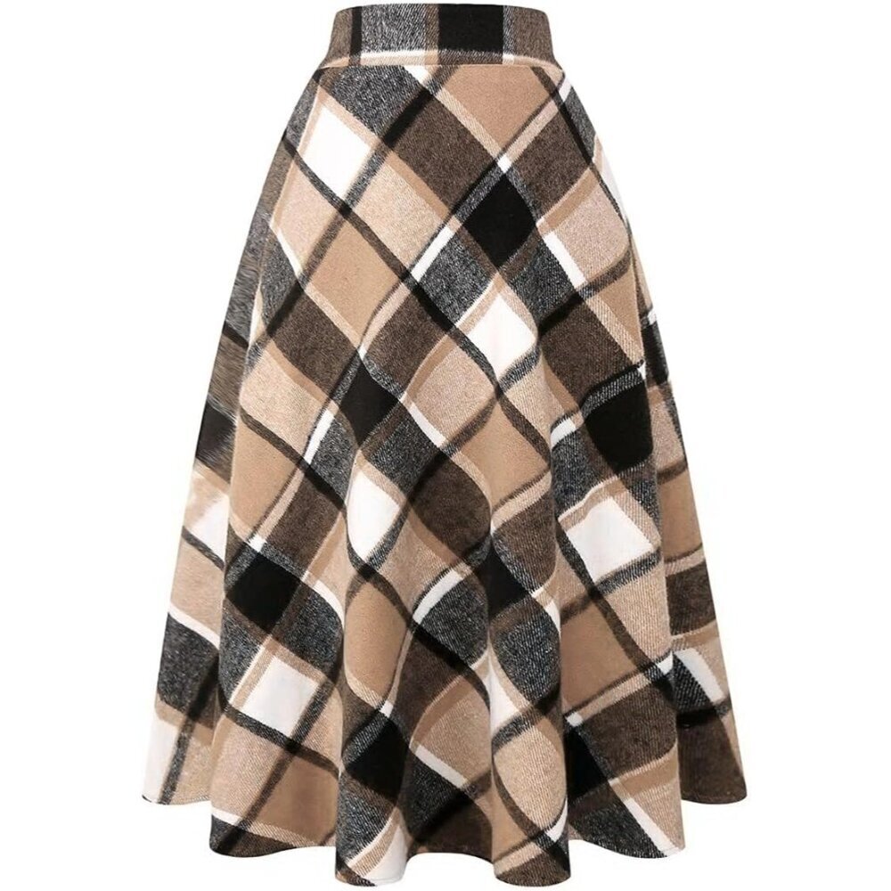 Womens Wool Skirt Elastic Waist Tartan Pleated A-Line Long Fall Winter